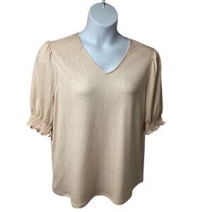 Adrianna Papell Peach Polka Dot Pullover V-Neck Top Shirr Shirt XL Stretch